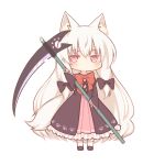  1girl animal_ears bangs black_bow black_dress black_footwear blush bow commentary_request dress eyebrows_visible_through_hair fox_ears fox_girl fox_tail frilled_dress frills full_body hair_between_eyes hair_bow holding holding_weapon kama_(weapon) long_hair long_sleeves looking_at_viewer original red_bow red_eyes sakurato_ototo_shizuku shoes sickle sidelocks simple_background sleeves_past_wrists socks solo tail very_long_hair weapon white_background white_hair white_legwear wide_sleeves 