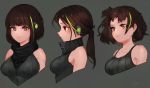  1girl absurdres alternate_hairstyle brown_eyes brown_hair closed_mouth colorized eonsang girls_frontline hair_ornament highlights highres m4a1_(girls_frontline) multicolored_hair neckerchief off_shoulder ponytail short_hair tank_top 