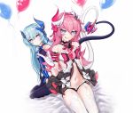  2girls absurdres aqua_hair balloon bangs bare_shoulders black_legwear blue_eyes blush breasts choker collarbone dress eyebrows_visible_through_hair fang garter_straps gloves hair_between_eyes highres honkai_(series) honkai_impact_3rd liliya_olyenyey long_hair looking_at_viewer multiple_girls open_mouth panties pink_hair rozaliya_olyenyey small_breasts smile tail thick_eyebrows thighs torofu underwear violet_eyes white_legwear 