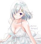  1girl alternate_costume breasts dated dress eyebrows_visible_through_hair hair_between_eyes hair_ornament hairclip hamakaze_(kantai_collection) kantai_collection large_breasts looking_at_viewer short_hair silver_hair simple_background solo twitter_username u0709 violet_eyes white_dress 