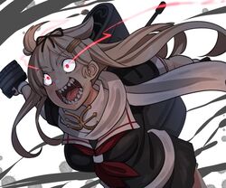  1girl black_gloves black_ribbon black_serafuku black_shirt blonde_hair fingerless_gloves gloves hair_flaps hair_ornament hair_ribbon hairclip kantai_collection long_hair neckerchief open_mouth red_eyes red_neckwear remodel_(kantai_collection) ribbon rigging ryuun_(stiil) sailor_collar scarf school_uniform serafuku sharp_teeth shirt short_sleeves smokestack solo teeth upper_body white_scarf yuudachi_(kantai_collection) 