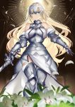  1girl armor armored_dress bangs blonde_hair blue_eyes blush breasts eyebrows_visible_through_hair fate/apocrypha fate_(series) faulds gauntlets headpiece highres holding holding_sword holding_weapon jeanne_d&#039;arc_(fate) jeanne_d&#039;arc_(fate)_(all) karlwolf large_breasts long_hair looking_at_viewer panties plackart smile solo standard_bearer sword thigh-highs underwear very_long_hair weapon 