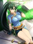  1girl absurdres black_gloves black_shorts blue_dress blush breasts closed_mouth day dress earrings fingerless_gloves fire_emblem fire_emblem:_the_blazing_blade gloves green_eyes green_hair hair_between_eyes highres jewelry large_breasts long_hair looking_at_viewer lyn_(fire_emblem) outdoors sheath sheathed shiny shiny_clothes short_shorts short_sleeves shorts sitting smile solo sword thighs very_long_hair vilde_loh_hocen weapon 