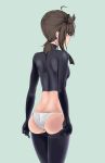  1girl ass back bangs blush bodysuit breasts brown_eyes brown_hair closed_mouth commentary_request cowboy_shot eyebrows_visible_through_hair from_behind hair_between_eyes hair_flaps hatsuzuki_(kantai_collection) highres kantai_collection low_ponytail medium_breasts nn_tasu short_hair simple_background skindentation solo standing string_panties thighs underwear underwear_only 