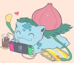  1other ^_^ bag_of_chips blush chips claws closed_eyes closed_mouth cola commentary creatures_(company) cup dinosaur drinking_glass drinking_straw earphones eating food full_body game_freak gen_1_pokemon happy heart holding ivysaur lying nintendo nintendo_switch no_humans olm_digital on_stomach pink_background playing_games pokemon pokemon_(anime) pokemon_(creature) pokemon_frlg pokemon_lgpe pokemon_rgby seed_(pokemon) simple_background super_smash_bros. yasaikakiage 