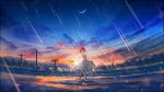  1girl bangs bare_shoulders brown_hair closed_mouth clouds commentary dawn dress grass highres holding_dress looking_at_viewer medium_hair moon original power_lines rain sky smile solo standing water white_dress y_y_(ysk_ygc) 