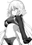  1girl bangs beni_shake blush breasts commentary_request eyebrows_visible_through_hair fate/grand_order fate_(series) gloves greyscale groin hair_between_eyes hand_on_own_chest hand_up jeanne_d&#039;arc_(alter_swimsuit_berserker) jeanne_d&#039;arc_(fate)_(all) large_breasts long_hair long_sleeves looking_at_viewer monochrome o-ring o-ring_bikini o-ring_bottom o-ring_top parted_lips simple_background solo very_long_hair white_background 