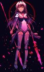  absurdres armored_boots black_background bodysuit boots breasts covered_navel dual_wielding eclipse english_text expressionless fate/grand_order fate_(series) gae_bolg hair_intakes highres holding holding_weapon long_hair looking_at_viewer medium_breasts neon_(hhs9444) pauldrons petals polearm purple_bodysuit red_eyes scathach_(fate)_(all) scathach_(fate/grand_order) shoulder_armor spear weapon 
