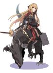  1girl armor bag black_dress bow braid breasts character_request commentary_request copyright_request dinosaur dress eyebrows_visible_through_hair gloves long_hair looking_at_viewer medium_breasts shiseki_hirame simple_background sitting sword weapon white_background 