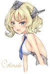  1girl absurdres blonde_hair blue_eyes blue_neckwear breasts character_name colorado_(kantai_collection) dress fang garrison_cap hat headgear highres kantai_collection medium_breasts necktie open_mouth pleated_dress shirt short_hair side_braids sideboob skin_fang sleeveless solo upper_body white_shirt yunoji_yusuke 