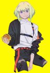  1boy belt casual eating food green_hair hamburger highres jacket lio_fotia looking_at_viewer male_focus off_shoulder pants promare short_hair solo torn_clothes torn_pants violet_eyes yagita_(astronomie) 