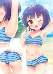  1girl ;d armpits ass bare_arms bare_shoulders beach bikini blue_bikini blue_hair blue_sky blush brown_eyes clouds commentary_request day fang food gochuumon_wa_usagi_desu_ka? hair_ribbon holding holding_food ice_cream jouga_maya leaning_forward looking_at_viewer multiple_views navel ocean one_eye_closed open_mouth outdoors ribbon rikatan sand short_hair sky smile standing standing_on_one_leg striped striped_bikini striped_ribbon swimsuit water wet 