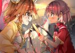  2girls asha_(fate) bow_(weapon) braid brown_eyes brown_hair crossbow earrings elephant_hat fate/grand_order fate_(series) ganesha_(fate) glasses jewelry jinako_carigiri midriff multiple_girls profile ring tears weapon zeromomo 