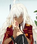  1boy 1girl ahoge blush bracelet braid cape closed_eyes command_spell commentary_request eyebrows_visible_through_hair fate/grand_order fate_(series) fujimaru_ritsuka_(male) hair_between_eyes hand_on_another&#039;s_cheek hand_on_another&#039;s_face hasebe_akira highres jewelry lakshmibai_(fate/grand_order) long_hair pov pov_hands red_cape smile solo_focus twin_braids very_long_hair white_hair wrist_grab 