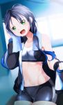  1girl :d bike_shorts black_hair blue_hair blurry blurry_background breasts collarbone commentary_request cowboy_shot depth_of_field gradient gradient_background green_eyes groin highres indoors jacket kantai_collection long_hair long_sleeves looking_at_viewer low_twintails midriff multicolored_hair navel off_shoulder open_clothes open_jacket open_mouth single_bare_shoulder small_breasts smile solo sports_bra stomach suzukaze_(kantai_collection) sweat towel twintails yasume_yukito 