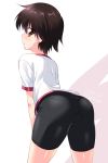  1girl :o ass bangs bike_shorts black_shorts brown_eyes brown_hair commentary dated eyebrows_visible_through_hair from_behind girls_und_panzer gym_shirt gym_uniform hands_on_thighs highres isobe_noriko kuzuryuu_kennosuke leaning_forward light_blush looking_at_viewer pantylines parted_lips shirt short_hair short_shorts short_sleeves shorts skindentation solo standing t-shirt thighs twitter_username white_shirt 