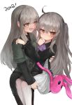  2girls :d ahoge ascot bag bangs black_dress black_legwear blood blush brown_eyes bunny_bag carrying closed_mouth commentary_request dokomon dress eyebrows_visible_through_hair facial_scar girls_frontline green_jacket grey_hair hair_between_eyes hair_tie jacket korean korean_commentary korean_text long_hair long_sleeves multiple_girls one_side_up open_clothes open_jacket open_mouth pantyhose puffy_long_sleeves puffy_sleeves purple_neckwear scar scar_across_eye scar_on_cheek shoulder_bag simple_background smile tears translation_request ump40_(girls_frontline) ump45_(girls_frontline) very_long_hair white_background white_legwear 