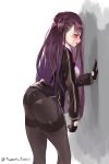  1girl absurdres ass black_gloves black_legwear blush braid breasts girls_frontline gloves highres long_hair open_mouth pantyhose purple_hair skirt skirt_lift solo torieto very_long_hair violet_eyes wa2000_(girls_frontline) 