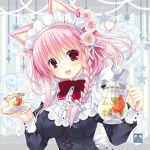 1girl animal_ears back_bow black_dress bow bowtie braid breasts cat_ears commentary_request cup dress eyebrows_visible_through_hair holding holding_cup holding_teapot impossible_clothes long_sleeves looking_at_viewer maid_headdress medium_breasts open_mouth original pink_hair red_eyes red_neckwear ryuuga_shou short_hair signature single_braid smile solo upper_body 