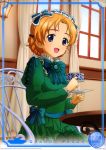 1girl :d absurdres black_bow blonde_hair blue_eyes bow braid card_(medium) character_name cup dress frilled_sleeves frills girls_und_panzer green_dress hair_bow highres holding holding_cup indoors long_sleeves looking_at_viewer maid_headdress open_mouth orange_pekoe shiny shiny_hair short_hair sitting smile solo 