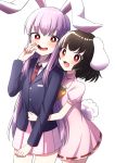  2girls :3 :d animal_ears bangs black_hair blazer blush bright_pupils bunny_tail carrot_necklace commentary_request cowboy_shot dress eyebrows_visible_through_hair finger_in_mouth hand_on_another&#039;s_stomach high_collar highres inaba_tewi jacket lavender_hair lavender_skirt long_hair long_sleeves looking_at_viewer miniskirt mouth_pull multiple_girls necktie open_mouth pink_dress puffy_short_sleeves puffy_sleeves rabbit_ears red_eyes red_neckwear reisen_udongein_inaba ribbon-trimmed_dress short_hair short_sleeves simple_background skirt smile standing tail touhou tsukimirin very_long_hair white_background white_pupils 