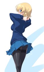  1girl arms_behind_head black_legwear blonde_hair blue_eyes blue_skirt blue_sweater blush braid commentary darjeeling dated eyebrows_visible_through_hair from_behind girls_und_panzer highres kneepits kuzuryuu_kennosuke legs long_sleeves looking_at_viewer looking_back miniskirt pantyhose pleated_skirt school_uniform short_hair simple_background skirt solo st._gloriana's_school_uniform standing sweater thighband_pantyhose tied_hair twin_braids twitter_username white_background 