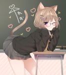  1girl ;3 ai_ai_gasa animal_ear_fluff animal_ears black-framed_eyewear black_sweater blush brown_hair cat_ears cat_girl cat_tail chalkboard closed_mouth commentary desk diagonal-striped_background diagonal_stripes glasses grey_skirt hands_up heart leaning_forward long_hair long_sleeves looking_at_viewer mafuyu_(chibi21) multicolored_hair one_eye_closed original pleated_skirt purple_hair school_desk semi-rimless_eyewear signature skirt sleeves_past_fingers sleeves_past_wrists solo streaked_hair striped striped_background sweater symbol_commentary tail tail_raised under-rim_eyewear violet_eyes 