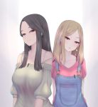  2girls black_hair blonde_hair bra_strap breasts chinese_commentary commentary_request earrings half-closed_eyes jewelry long_hair looking_at_viewer multiple_girls nikuku_(kazedesune) off-shoulder_shirt off_shoulder original overalls puffy_sleeves shirt sidelocks simple_background smile strap_slip upper_body violet_eyes 