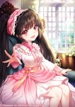  1girl artist_name black_hair bow chair chinobara curtains day dress flower frilled_dress frills hanbok indoors korean_clothes lolita_fashion long_hair open_mouth original outstretched_hand pink_bow pink_dress red_eyes sitting sunlight twintails very_long_hair window 