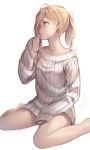  1girl barefoot blonde_hair dress finger_to_mouth highres linmiu_(smilemiku) long_hair long_sleeves looking_away looking_to_the_side no_pants original ponytail ribbed_sweater sitting sleeves_past_wrists solo sweater sweater_dress wariza white_background white_sweater 