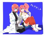  aina_ardebit blue_eyes gloves heris_ardebit labcoat long_hair midriff pink_hair promare short_hair shorts siblings side_ponytail sisters sitting skirt skn20662941 smile suspenders thigh-highs 