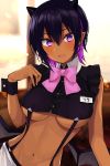  1girl :d bare_shoulders blush bow bowtie breasts dark_skin demon_girl gomashi_(goma) highres horns navel open_mouth original pointy_ears purple_hair short_hair sleeveless smile solo succubus suspenders under_boob violet_eyes wrist_cuffs 