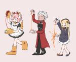  1boy 2girls :d abigail_williams_(fate/grand_order) animal_ear_fluff animal_ears apron archer arm_up bangs black_bow black_dress black_footwear black_headwear blonde_hair bow brown_background brown_footwear brown_gloves carnival_phantasm closed_eyes closed_mouth commentary_request cup dark_skin dark_skinned_male decantering dress emiya-san_chi_no_kyou_no_gohan eyebrows_visible_through_hair failure fate/extella fate/extra fate/grand_order fate/stay_night fate_(series) food fox_ears fox_girl fox_tail frilled_apron frills gloves grey_hair hair_bow hair_flaps hat holding holding_plate holding_saucer jacket kaneda_tamago ketchup long_hair long_sleeves maid_apron maid_headdress multiple_girls omurice open_mouth orange_bow paw_gloves paw_shoes paws pink_hair plate pouring puffy_short_sleeves puffy_sleeves red_jacket saucer shoes short_dress short_sleeves sidelocks simple_background sleeves_past_wrists smile tail tamamo_(fate)_(all) tamamo_cat_(fate) tea teacup type-moon very_long_hair white_apron you&#039;re_doing_it_wrong 