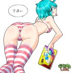  1girl ahoge alternate_costume aono3 aqua_eyes aqua_hair ass bra breasts eyebrows_visible_through_hair from_behind highres looking_at_viewer looking_back manga_(object) medium_breasts panties short_hair simple_background solo speech_bubble striped striped_bra striped_legwear striped_panties tatara_kogasa thigh-highs tongue tongue_out touhou underwear white_background 