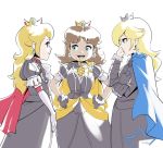  3girls black_dress black_gloves blonde_hair blue_eyes brown_hair cape crown dress earrings elbow_gloves fire_emblem fire_emblem:_three_houses gloves hands_on_hips highres jewelry long_hair looking_at_another super_mario_bros. mini_crown multiple_girls parody princess_daisy princess_peach puff_and_slash_sleeves puffy_short_sleeves puffy_sleeves rosalina short_sleeves simple_background stup-jam white_background white_gloves 