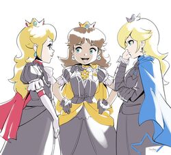  3girls black_dress black_gloves blonde_hair blue_eyes brown_hair cape crown dress earrings elbow_gloves fire_emblem fire_emblem:_three_houses gloves hands_on_hips highres jewelry long_hair looking_at_another super_mario_bros. mini_crown multiple_girls parody princess_daisy princess_peach puff_and_slash_sleeves puffy_short_sleeves puffy_sleeves rosalina short_sleeves simple_background stup-jam white_background white_gloves 