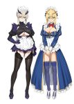  2girls ahoge alternate_costume apron artoria_pendragon_(all) artoria_pendragon_(lancer) artoria_pendragon_(lancer_alter) bangs black_dress black_legwear blue_dress blue_legwear blush braid breasts closed_mouth crown dress enmaided fate/grand_order fate_(series) french_braid frills full_body green_eyes hair_between_eyes hand_on_hip high_heels horns large_breasts legs long_hair long_sleeves looking_at_viewer maid maid_headdress multiple_girls pale_skin puffy_sleeves sidelocks simple_background smile swept_bangs thigh-highs thighs under_boob waist_apron white_background yang-do yellow_eyes 