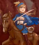  1girl blue_eyes cape cavalry hat highres holding holding_weapon horse horseback_riding jacket kageng long_sleeves military military_hat military_uniform miniskirt original reins riding skirt solo sword thigh-highs uniform weapon 