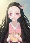  1girl :d absurdres black_hair blue_background fangs forehead gradient gradient_background hair_ribbon highres holding_hands japanese_clothes kamado_nezuko kimetsu_no_yaiba kimono kotatsu_(pixiv17790396) long_hair looking_at_viewer obi open_mouth pink_eyes pink_ribbon pov pov_hands ribbon sash smile solo standing upper_body upper_teeth very_long_hair white_background 