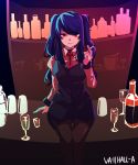  1girl absurdres bangs bar black_legwear bottle breasts cigarette cocktail_glass cup drinking_glass highres jill_stingray long_hair looking_at_viewer necktie panichyun purple_hair sitting skirt solo twintails va-11_hall-a vest violet_eyes 