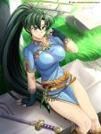  1girl absurdres black_gloves blue_dress blush breasts closed_mouth day dress earrings fingerless_gloves fire_emblem fire_emblem:_the_blazing_blade gloves green_eyes green_hair hair_between_eyes highres jewelry large_breasts long_hair looking_at_viewer lyn_(fire_emblem) outdoors sheath sheathed shiny shiny_clothes short_sleeves side_slit sitting smile solo sword thighs very_long_hair vilde_loh_hocen weapon 