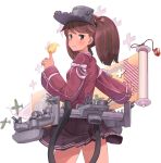  1girl aircraft airplane black_skirt brown_hair cannon closed_mouth commission cowboy_shot eyebrows_visible_through_hair fireball highres japanese_clothes kantai_collection kariginu long_hair long_sleeves looking_at_viewer pleated_skirt remodel_(kantai_collection) ryuujou_(kantai_collection) scroll simple_background skirt solo soushou_nin twintails visor_cap white_background 