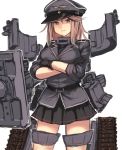  1girl black_gloves black_shirt black_skirt breasts brown_eyes crossed_arms gloves grey_headwear grey_jacket grin hat jacket large_breasts light_brown_hair looking_at_viewer machinery medium_hair original peaked_cap pleated_skirt shirt sidelocks simple_background skirt smile solo striped striped_skirt tank_gun tiger_i_(personification) upper_body utopia white_background 