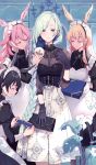  4girls alternate_costume alternate_hairstyle apron bag black_corset black_gloves black_hair black_shirt blonde_hair blue_hair blush box braid breasts brynhildr_(fate) closed_eyes commentary corset craft_essence earrings enmaided eyebrows_visible_through_hair fate/grand_order fate_(series) gloves hair_over_one_eye hair_over_shoulder handbag head_wings hildr_(fate/grand_order) holding holding_box holding_handbag jewelry light_smile long_braid long_hair long_skirt looking_at_viewer maid maid_apron maid_headdress medium_breasts multiple_girls official_art ortlinde_(fate/grand_order) pink_hair pochi_(pochi-goya) see-through shirt short_hair single_braid skirt smile thrud_(fate/grand_order) valkyrie_(fate/grand_order) valkyrie_style very_long_hair violet_eyes white_apron white_skirt 