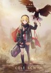  1girl armband asymmetrical_legwear bag bangs bird blonde_hair boots character_name dated dust eagle explosion full_body girls_frontline gloves gun hair_between_eyes hand_up head_tilt highres hiroki_ree holding holding_bag jacket kneehighs long_hair red_scarf rifle scarf scw_(girls_frontline) scw_(gun) short_hair signature single_kneehigh single_thighhigh skindentation smile snap-fit_buckle solo thigh-highs thigh_strap weapon wind 