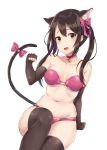  1girl :d animal_ears bare_shoulders bell black_gloves black_hair black_legwear bow bra breasts brown_eyes cat_ears cat_girl cat_tail choker collarbone elbow_gloves fingerless_gloves gloves hair_bow highres idolmaster idolmaster_cinderella_girls jingle_bell kemonomimi_mode long_hair looking_at_viewer medium_breasts nakano_yuka navel open_mouth panties pink_bow pink_bra pink_choker pink_panties sidelocks simple_background smile solo stomach tail tail_bow thigh-highs thighs twintails underwear white_background zhi_zhi/zu_zu 