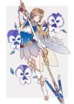  1girl absurdres armor blonde_hair blue_eyes boots capelet earrings fire_emblem fire_emblem_heroes fjorm_(fire_emblem) flower highres holding holding_spear holding_weapon jewelry kazuha_(kazuha1003) looking_at_viewer polearm short_hair skirt smile solo spear tiara weapon 