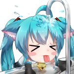  &gt;_&lt; 1girl ahoge animal_ears aqua_hair bare_shoulders bell bell_collar black_skirt blush_stickers cat cat_ears chibi closed_eyes collar commentary detached_sleeves droplet faucet hair_ornament hatsune_miku highres omone_hokoma_agm photo-referenced pouring shirt sink skirt sleeveless sleeveless_shirt solo tongue tongue_out twintails vocaloid water wet 