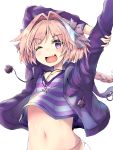  1boy astolfo_(fate) bow braid collarbone commentary_request fang fate/grand_order fate_(series) hair_bow hair_intakes hair_ribbon jacket long_braid long_hair looking_at_viewer male_focus multicolored_hair navel otoko_no_ko pink_hair purple_bow purple_jacket ribbon shirt simple_background single_braid skin_fang skirt solo streaked_hair striped striped_shirt tihoro1609 upper_body violet_eyes white_background 