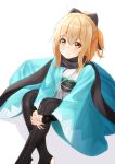  1girl absurdres ahoge black_bow black_legwear black_scarf blonde_hair blush bow closed_mouth eyebrows_visible_through_hair fate_(series) hair_between_eyes hair_bow hands_together haori highres interlocked_fingers japanese_clothes kimono koha-ace long_hair mitsu336 okita_souji_(fate) okita_souji_(fate)_(all) ponytail scarf shiny shiny_hair short_kimono sidelocks simple_background sitting smile solo white_background white_kimono yellow_eyes 